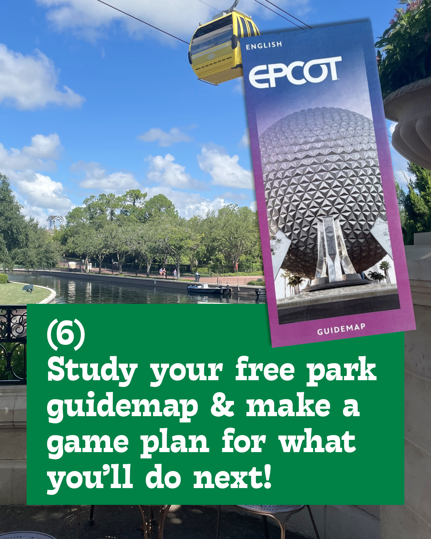 Spaceship Earth on the front of the park guidemap at EPCOT