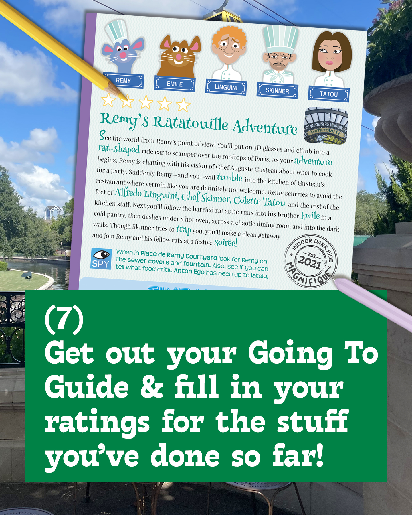 A page about Remy's Ratatouille Adventure in the France Pavilion at EPCOT